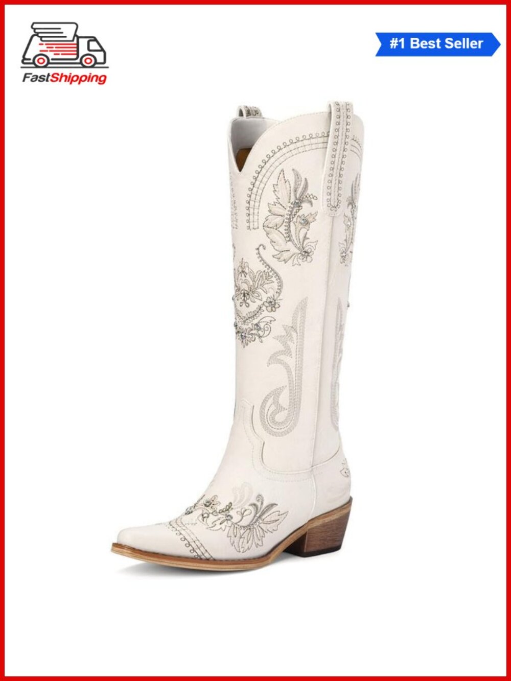 ✨ Western Knee High Cowgirl Boots Faux Leather Rhinestone Embroidered Pointed